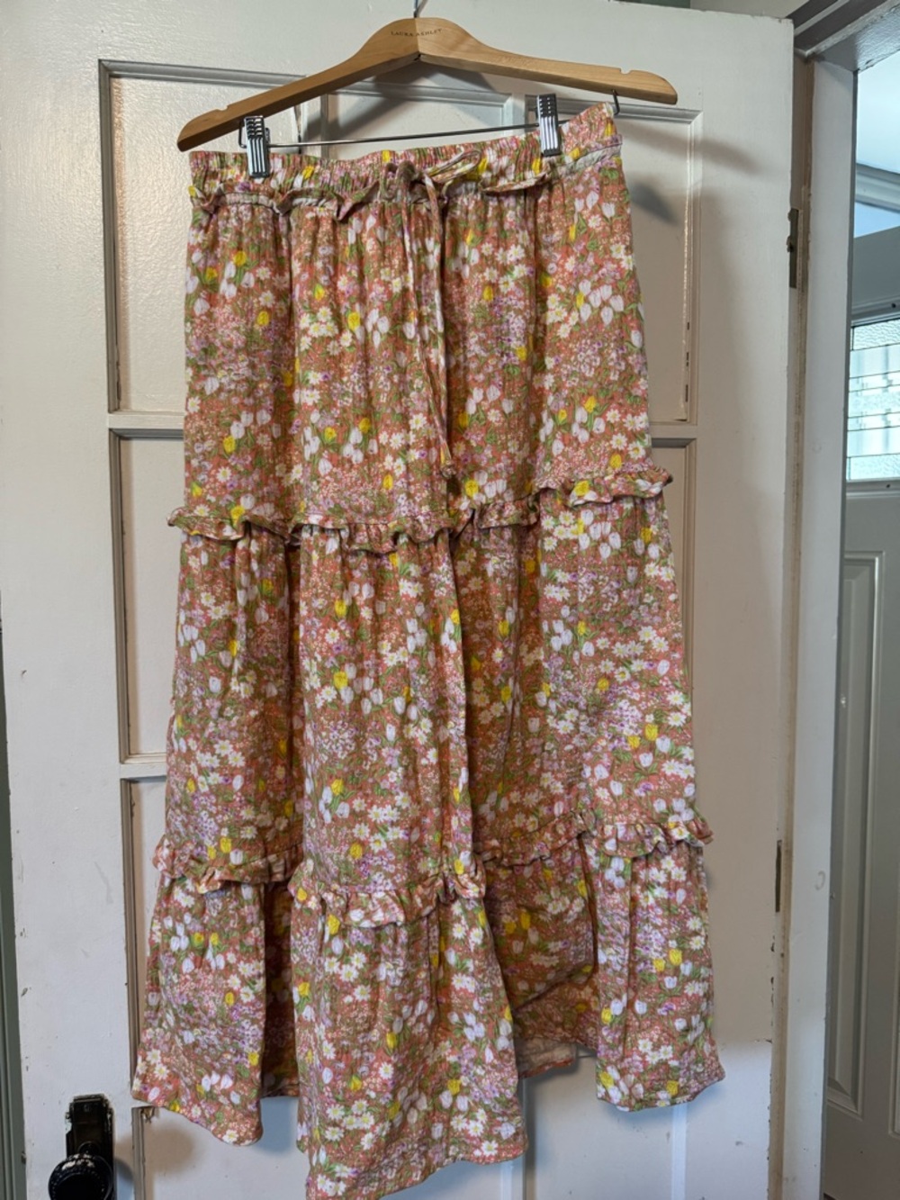 Ces Femme Pink, White and Yellow Floral Tiered Maxi Skirt